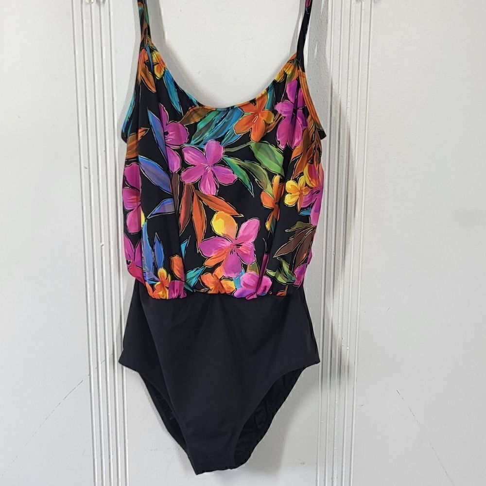 Plus Size Longitude One Piece Black Flowered Swimsuit